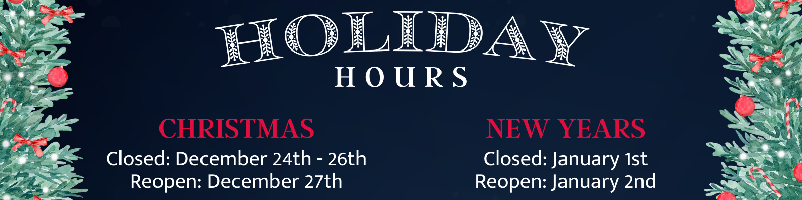 All OCPL branches will have the following holiday hours: Christmas - Closed: December 24th - 26th Reopen: December 27th. New Years - Closed: January 1st. Reopen: January 2nd.