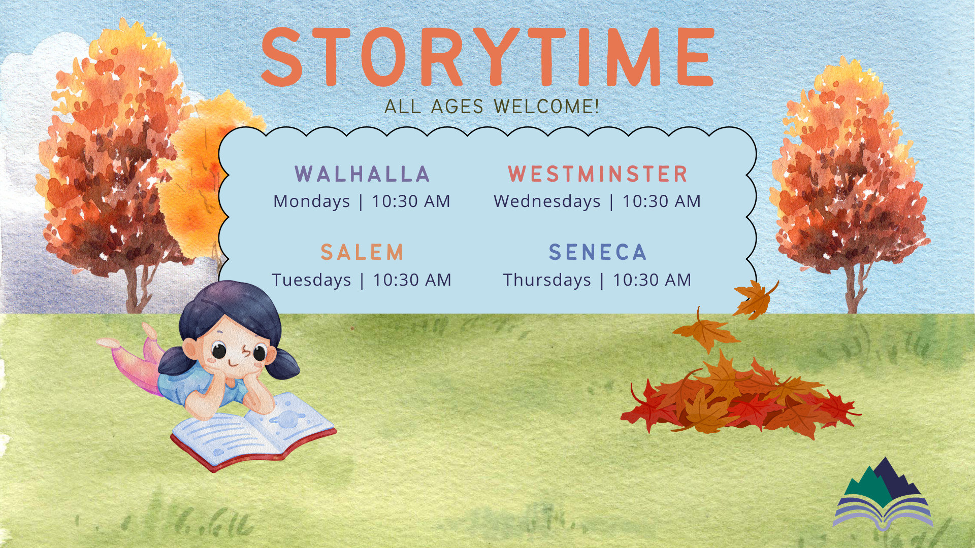 Story Times resume at all branches; Monday at Walhalla, Tuesday at Salem, Wednesday at Westminster, and Thursday at Seneca. All at 10:30 AM.