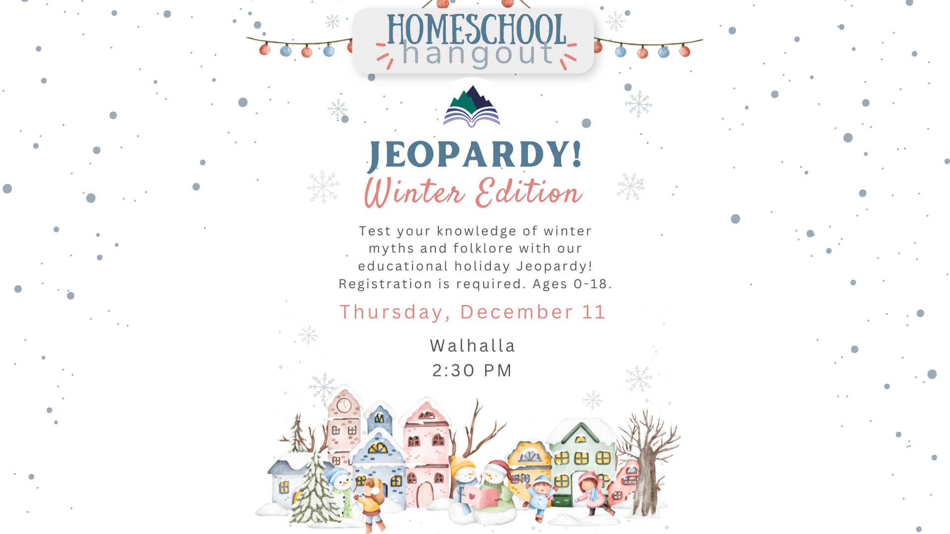 Homeschool Hangout-Jeopardy, Thursday, December 11, 2:30 PM, Walhalla Library-register by clicking slide
