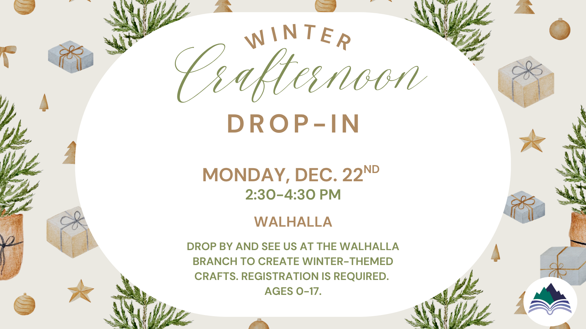 Winter Crafternoon, Walhalla Library, Monday, December 22, 2:30 PM - register by clicking slide