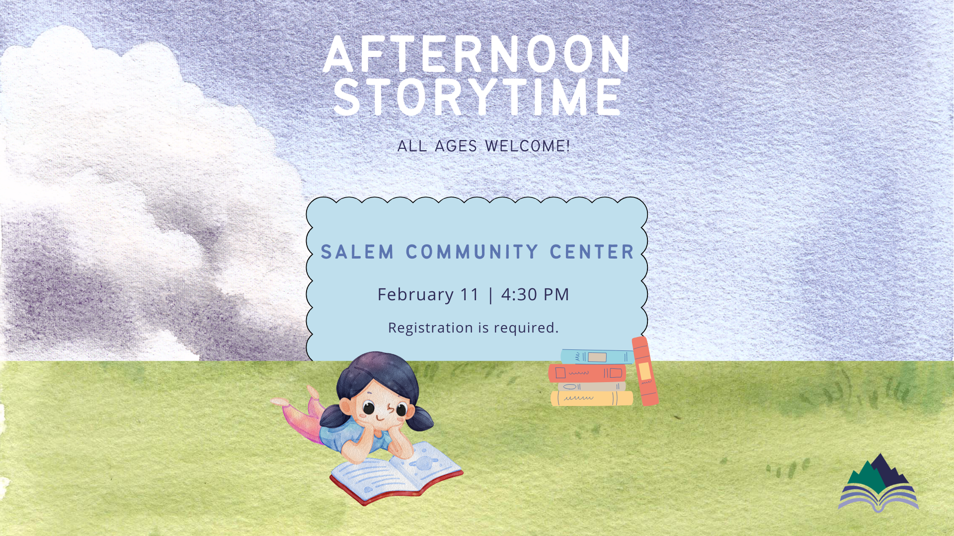 Afternoon Story Time, Salem Community Center, Wednesday, Feb 11, 4:30 PM - register by clicking slide