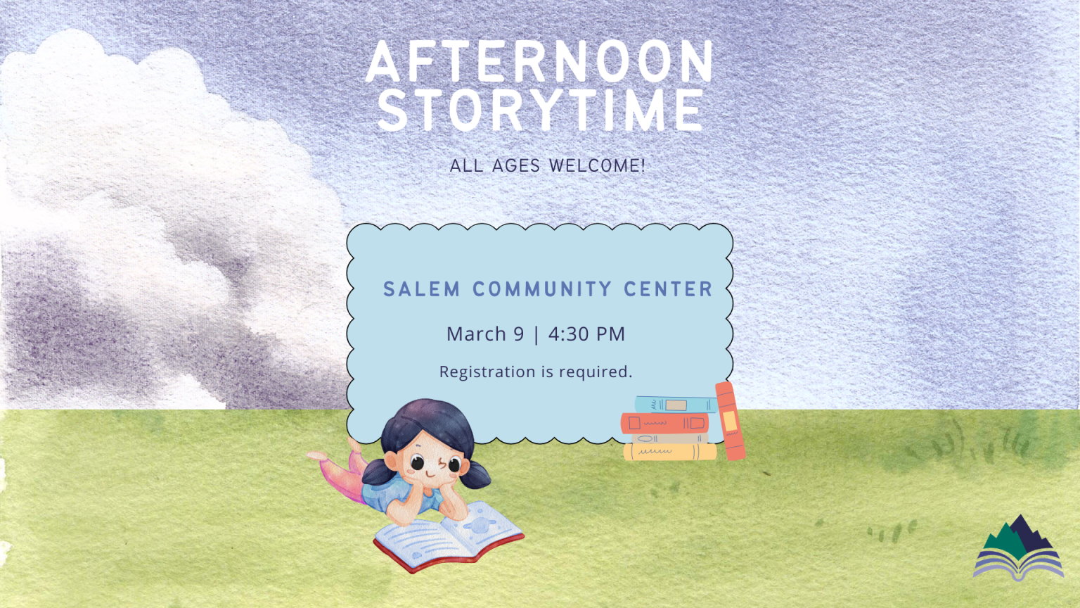 Afternoon Story Time, Salem Community Center, Monday, March 9, 4:30 PM - click slide to register