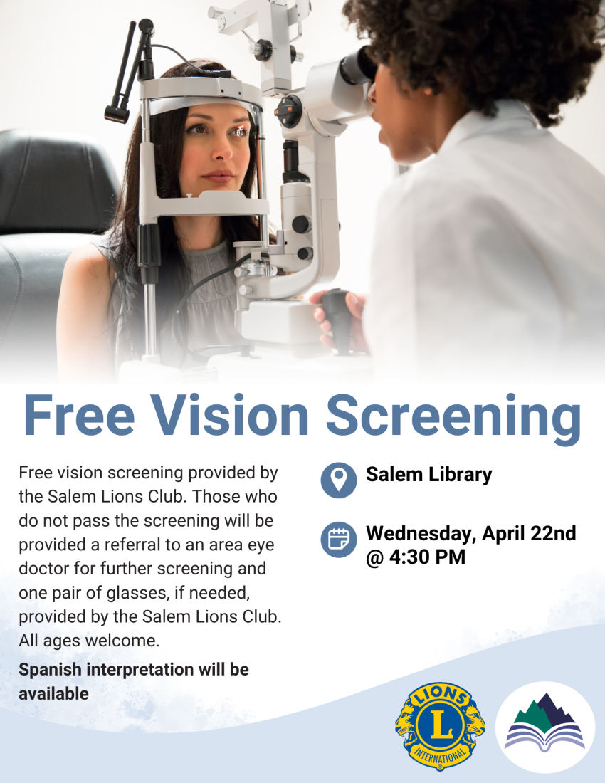 Free Vision Screening, Wednesday, April 22, 4:30 PM, Salem Library