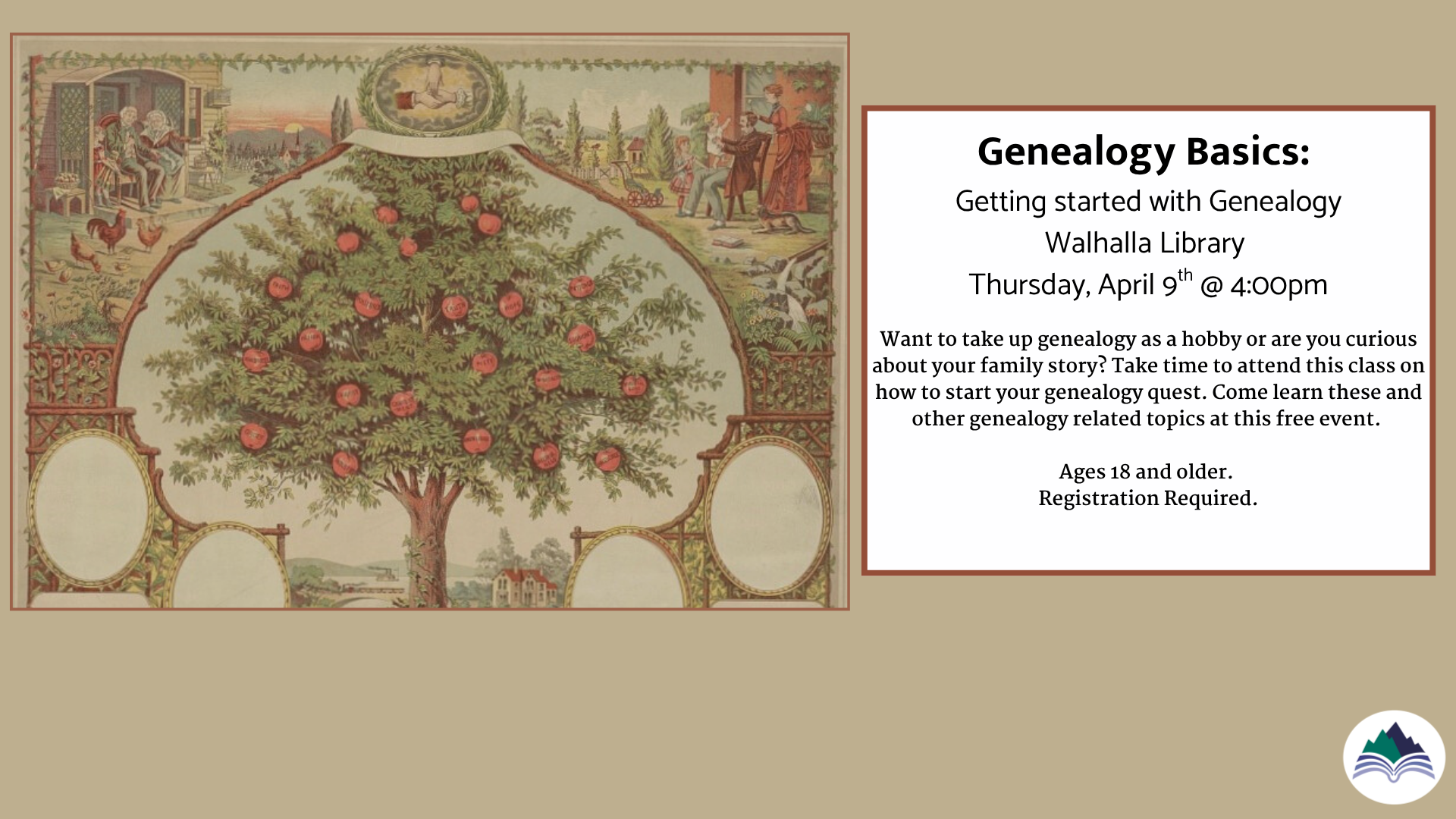 Genealogy Basics, Getting Started, Thursday, April 9, 4:00 PM, Walhalla Library