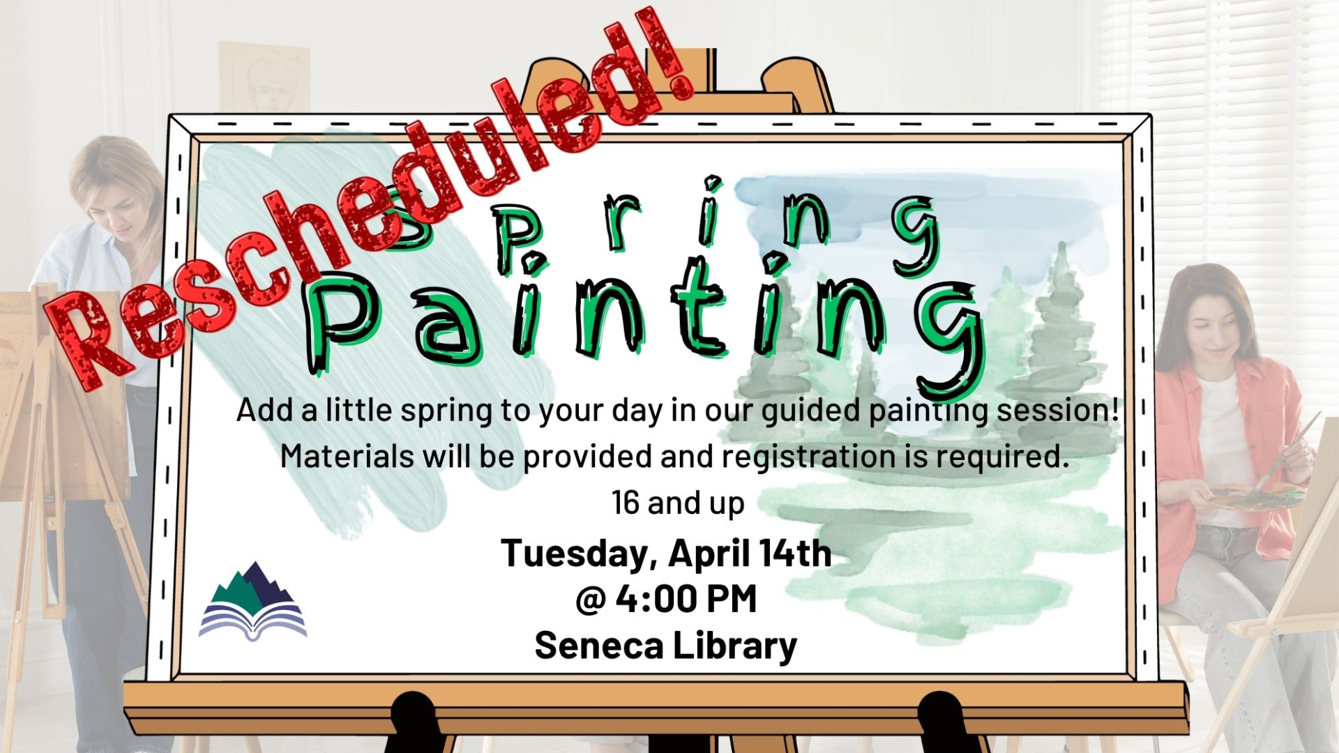Spring painting, Seneca Library, Tuesday, April 14, 4:00 PM - register by clicking slide
