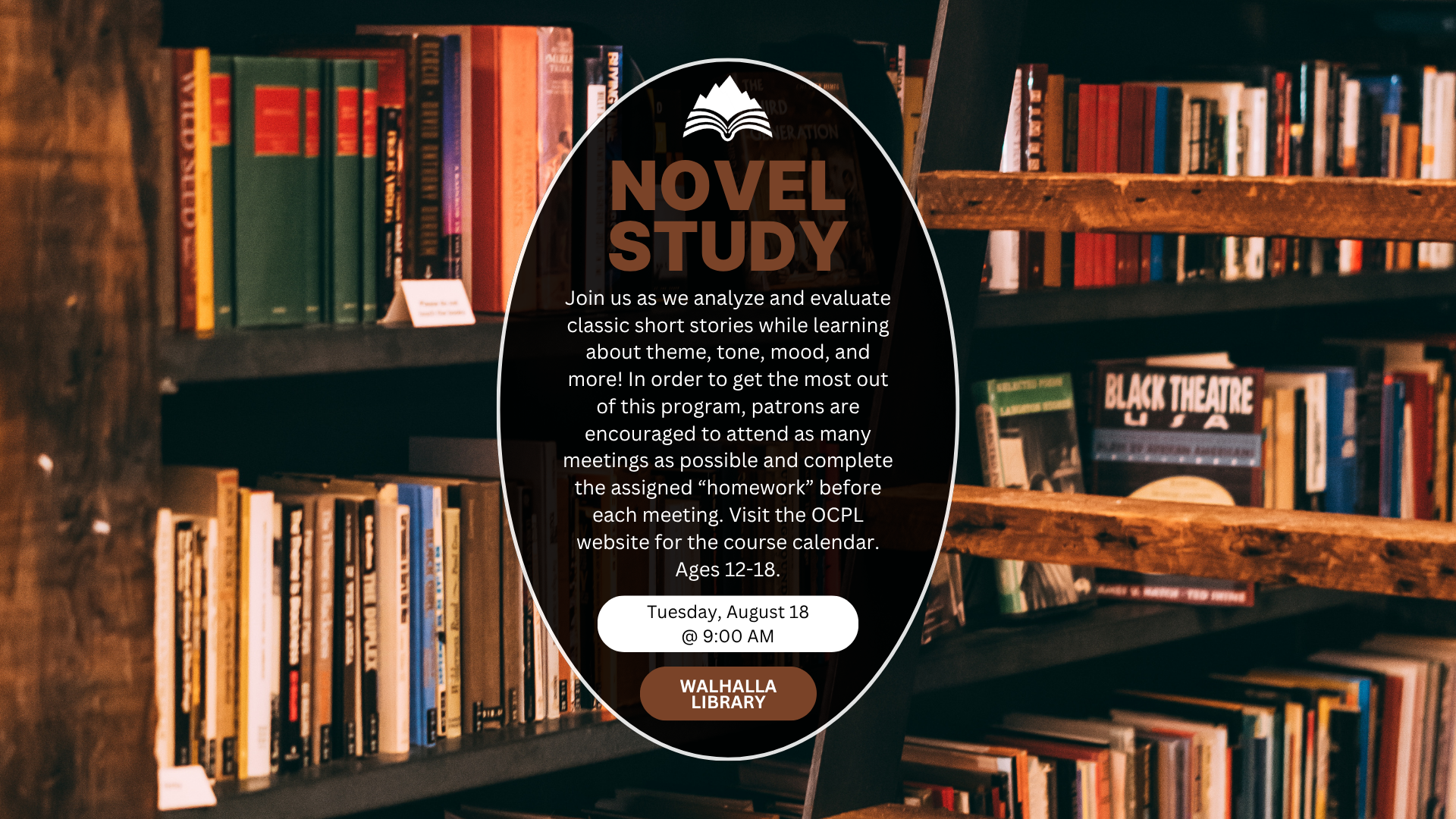 Novel Study, Tuesday, August 18, 9:00 AM, Walhalla Library
