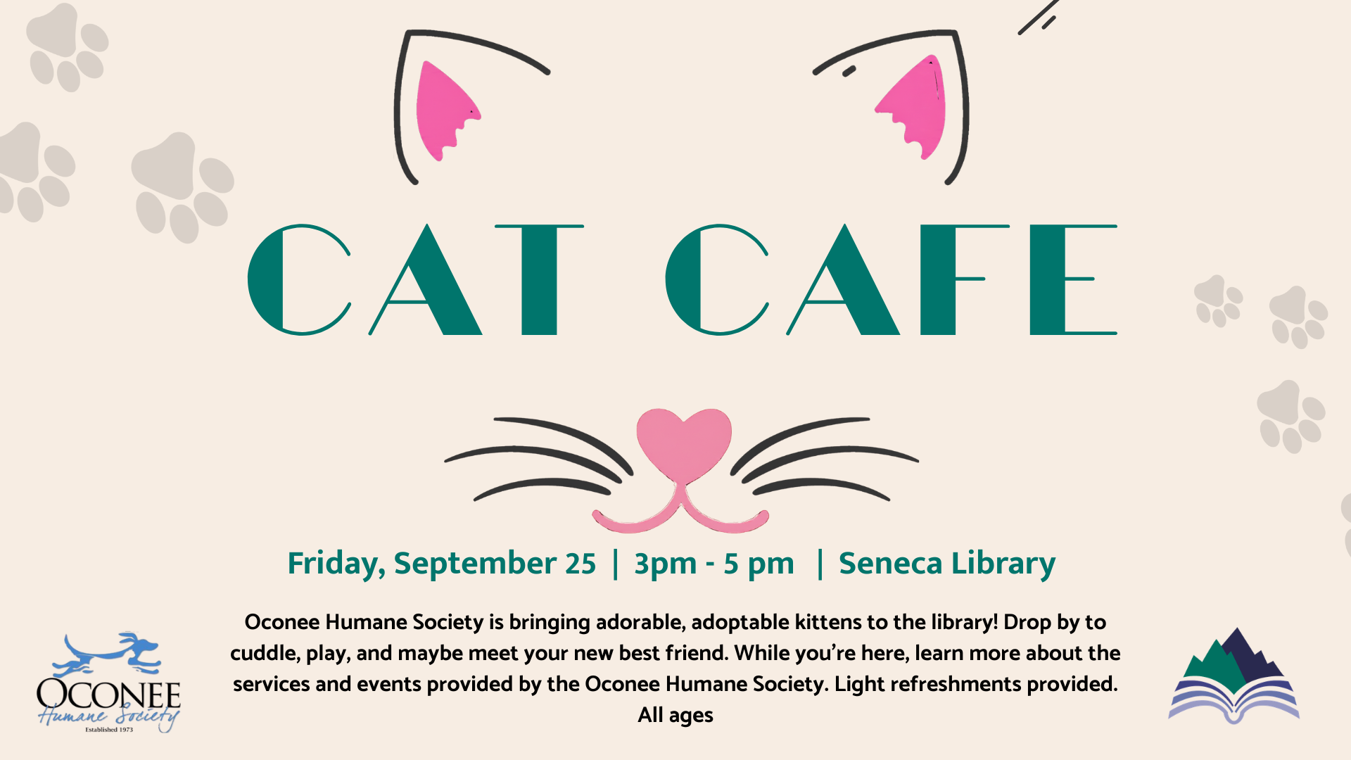 Cat Cafe adoption event, Seneca Library, Friday, September 25, 3-5:00 PM