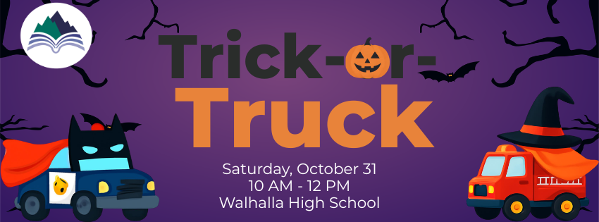 A banner that says Trick or Truck with a police car and fire truck in Halloween costumes.