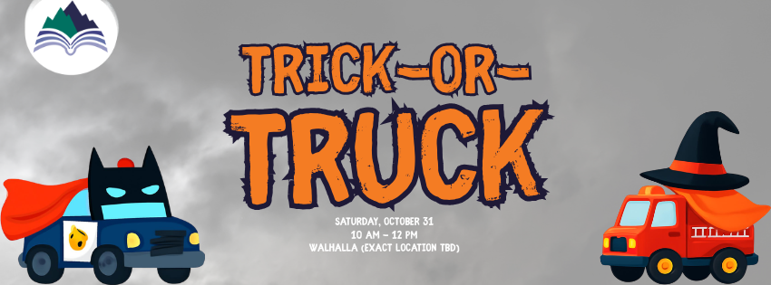 A banner that says Trick or Truck in a fun Halloween font. It has a graphic of a police car and a fire truck in costumes.