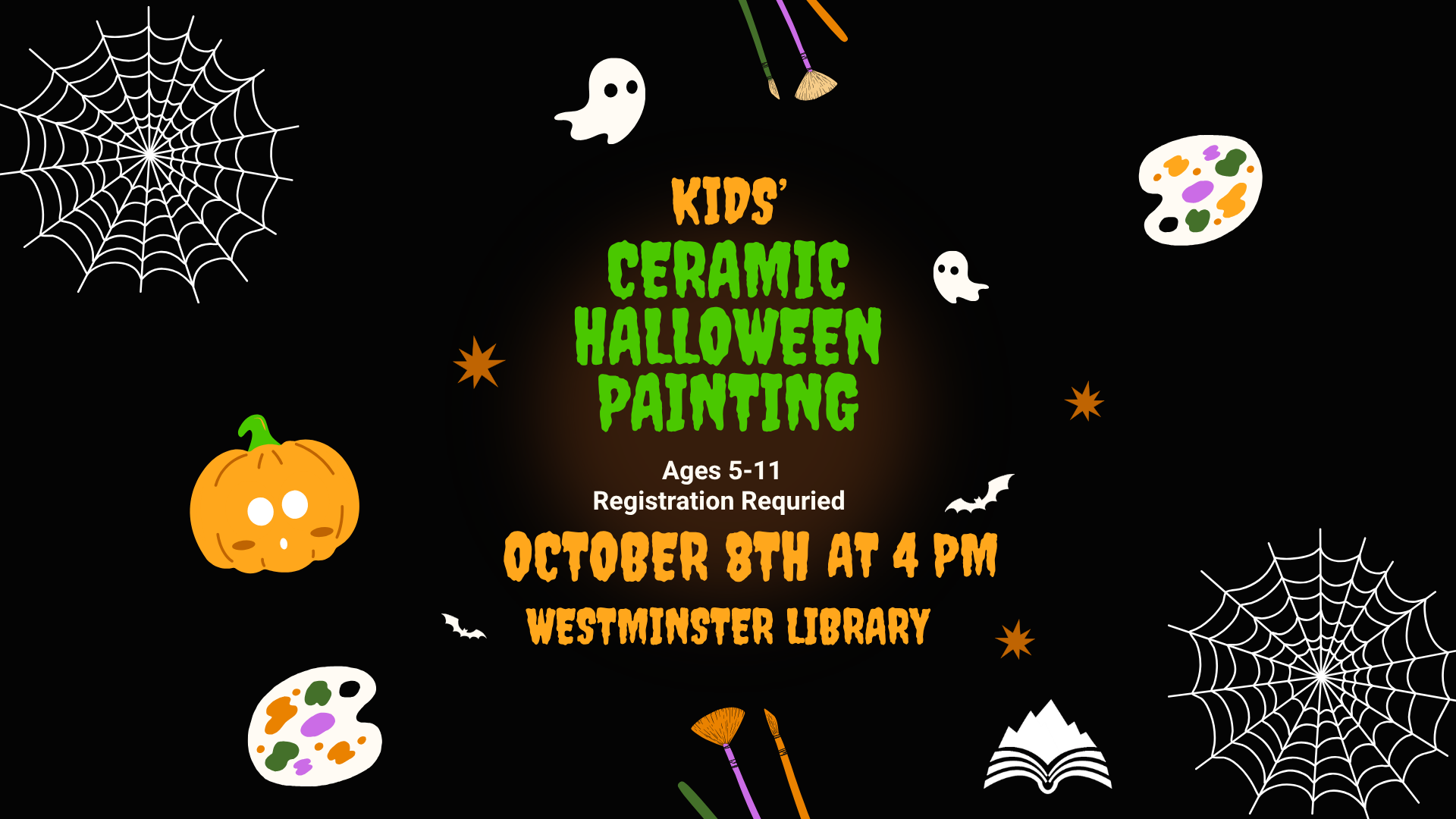 Ceramic Halloween Painting, Westminster Library, Thursday, October 8, 4 PM (ages 5-11)
