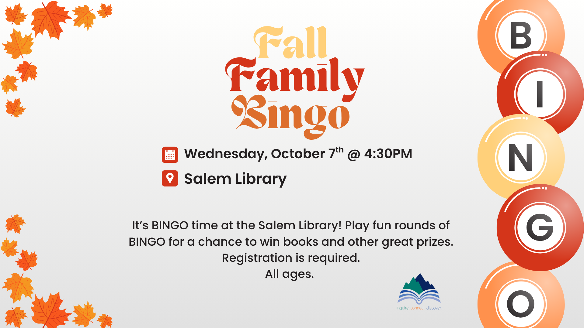 Fall Family BINGO, Salem Library, Wednesday, October 7, 4:30 PM