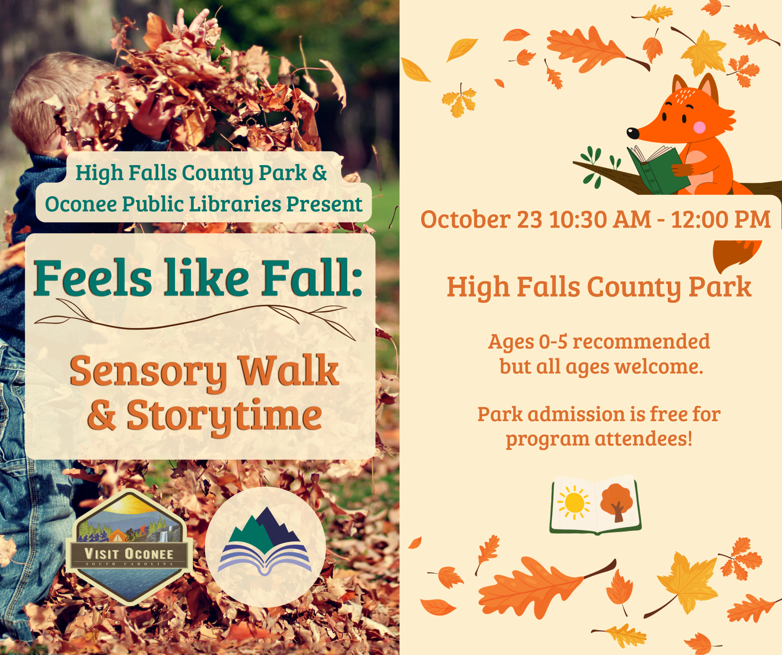 Image details the date, time and location for the Fall Sensory Walk & Storytime in partnership with High Falls County Park. There are autumn leaves across the background of the left side with a fox reading among leaves on the right.