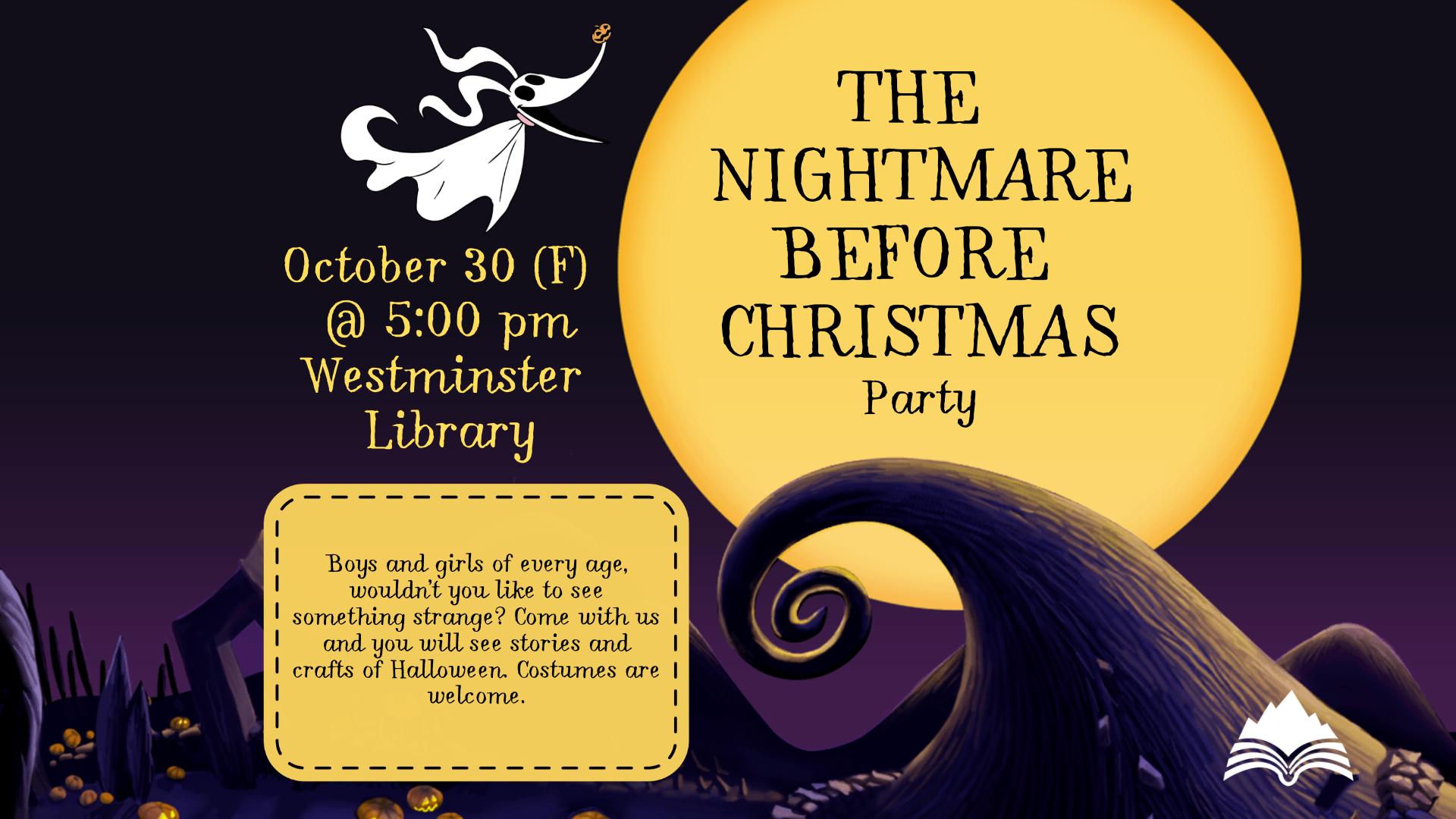 Nightmare Before Christmas Party, Friday, October 30, 5:00 PM, Westminster Library